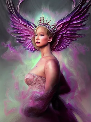 Prompt: pink portrait of beautiful female angel queen Jennifer Lawrence head wearing shiny pink crown, subtle purple accents, hyper details, black metal rococo, sculpted by Alex Alice, Craig Mullins, yoji shinkawa, trending on artstation, beautifully lit, Peter mohrbacher, hyper detailed, insane details, intricate, elite, elegant, luxury, ray of light through smoke, CGsociety, hypermaximalist, golden ratio, volumetric, octane render, weta digital, micro details, 3d sculpture