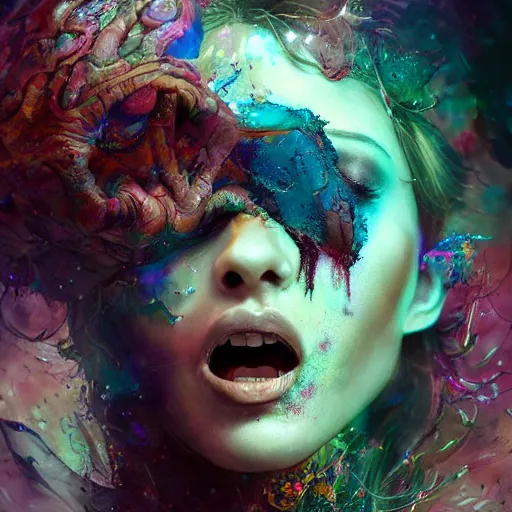 Image similar to Gorgeous woman screaming in a fantastical wonderland, highly detailed, half glitched and fractal face, cinematic, 8k, by Stanley Artgermm, Tom Bagshaw, Greg Rutkowski, Carne Griffiths, Ayami Kojima, Beksinski, Giger, trending on DeviantArt, hyper detailed, full of color, digital art,