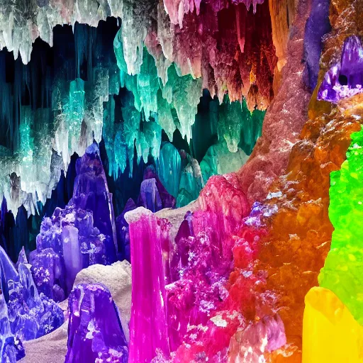 Prompt: colorful crystal cave with crystalline stalactites and stalagmites, high definition, photorealistic,