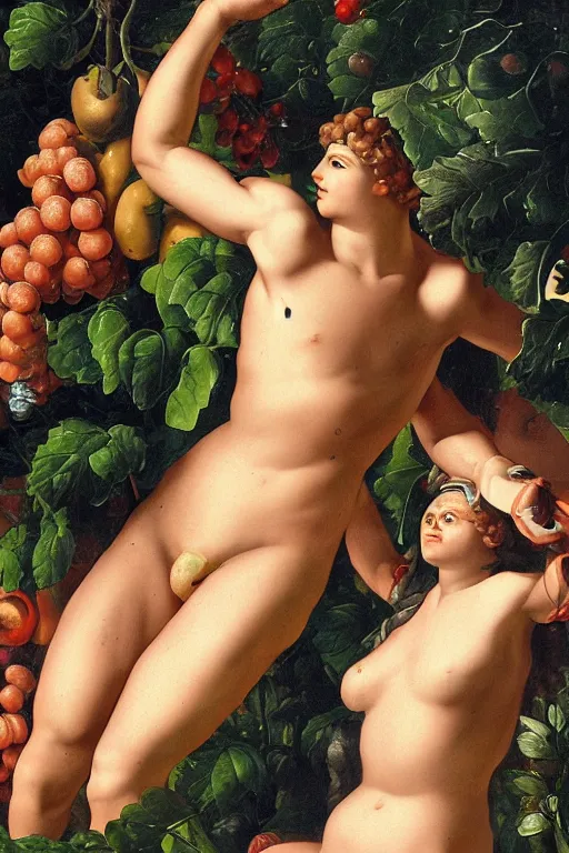 Image similar to cyborg and human, garden with fruits on trees, closeup, ultra detailed, Guido Reni style