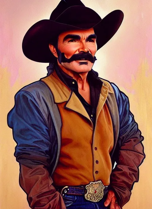 Prompt: burt reynolds wearing cowboy hat, painting by artgerm and greg rutkowski and alphonse mucha