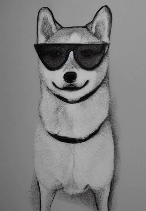 Prompt: a pencil sketch pet portrait of a shiba - inu wearing sunglasses, black and white, white background, fine detail