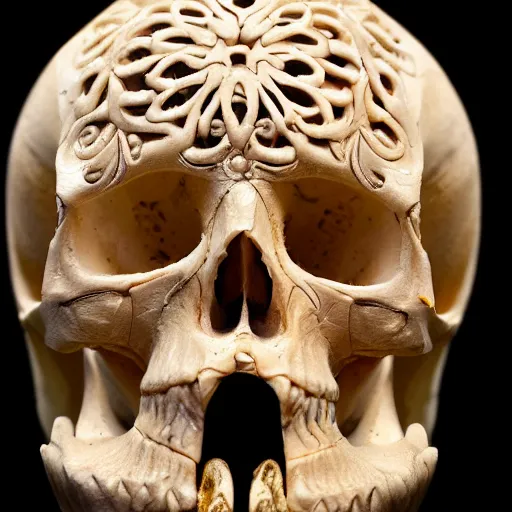 Image similar to intricately carved human skull, intricate ornament