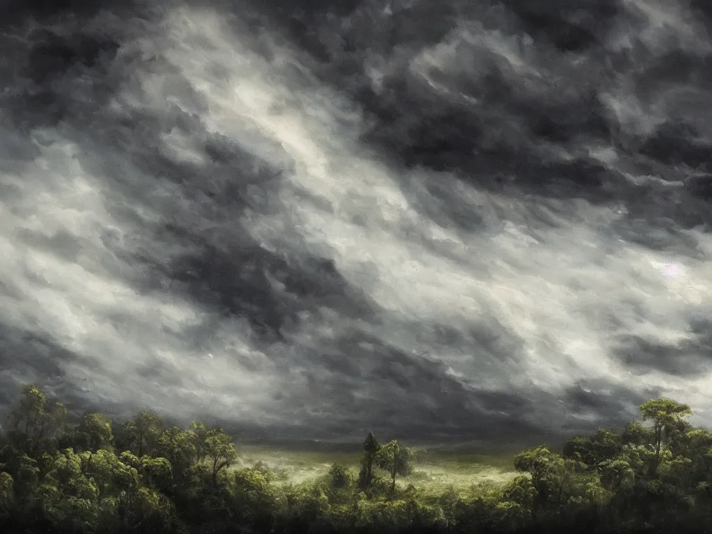 Prompt: detailed landscape, forests. very detailed dark super storm, hyper realistic clouds, impressive, magical, very atmospheric, smoke boiling, cinematic, deep, very high complexity, stunning, dramatic masterpiece, chiaroscuro, in the style of david holland and laura den hertog and michael creese, very detailed. 4 k