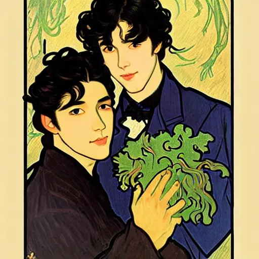 Image similar to painting of young cute handsome beautiful dark medium wavy hair man in his 2 0 s named shadow taehyung and cute handsome beautiful min - jun together at the halloween! party, bubbling cauldron!, candles!, smoke, autumn! colors, elegant, wearing suits!, clothes!, delicate facial features, art by alphonse mucha, vincent van gogh, egon schiele