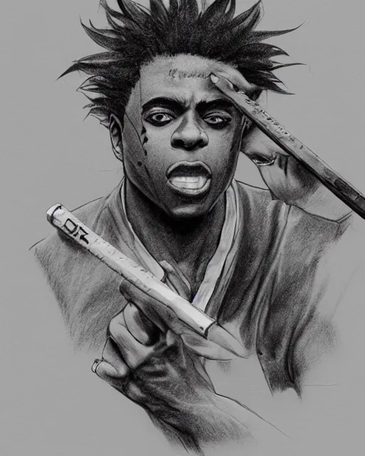 Image similar to a very detailed pencil drawing of kodak black in demon slayer manga panel, action lines, greg rutkowski, in field high resolution, dynamic pose, landscape, medium portrait, action, hyper realistic, manga, koyoharu gotouge, sakuga