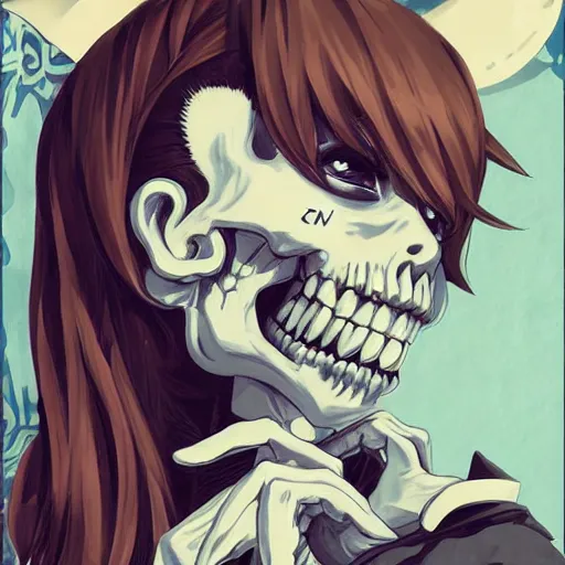 Image similar to anime manga skull portrait young woman skeleton, cuphead, painterly, logo, graffiti, elegant, highly detailed, digital art, art by jc leyendecker and sachin teng