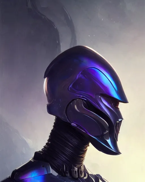 Image similar to character concept of iridescent sinewy smooth muscular male sleek glossy indigo black pearlescent scifi armor with smooth black flat featureless helmet, by greg rutkowski, mark brookes, jim burns, tom bagshaw, magali villeneuve, trending on artstation