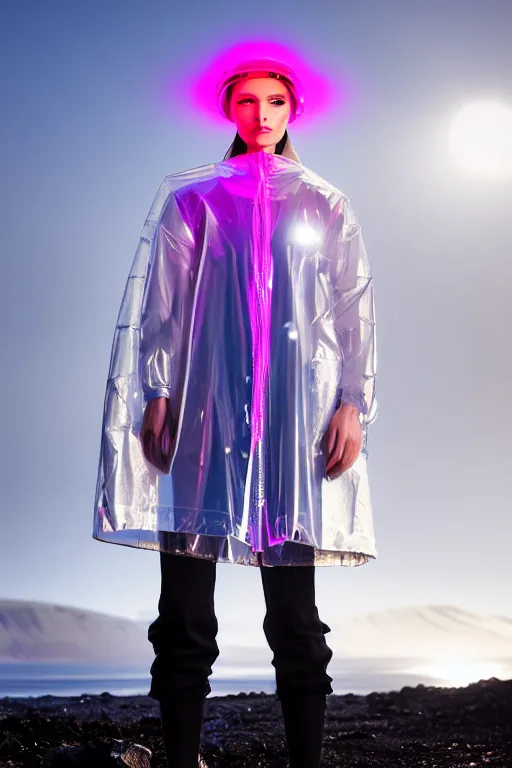 Image similar to an ultra high definition professional high fashion portrait studio full length photograph of a model wearing a transparent pearlescent raincoat and neon visor in an icelandic black rock environment at dawn. no artefacts. extremely detailed. stark. refraction. shallow depth of field. volumetric light and shadow. ray tracing. light rays.