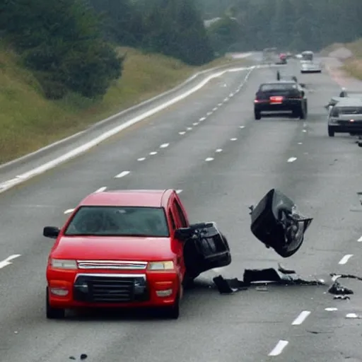 Prompt: photograph of donald trump smashing cars on the highway