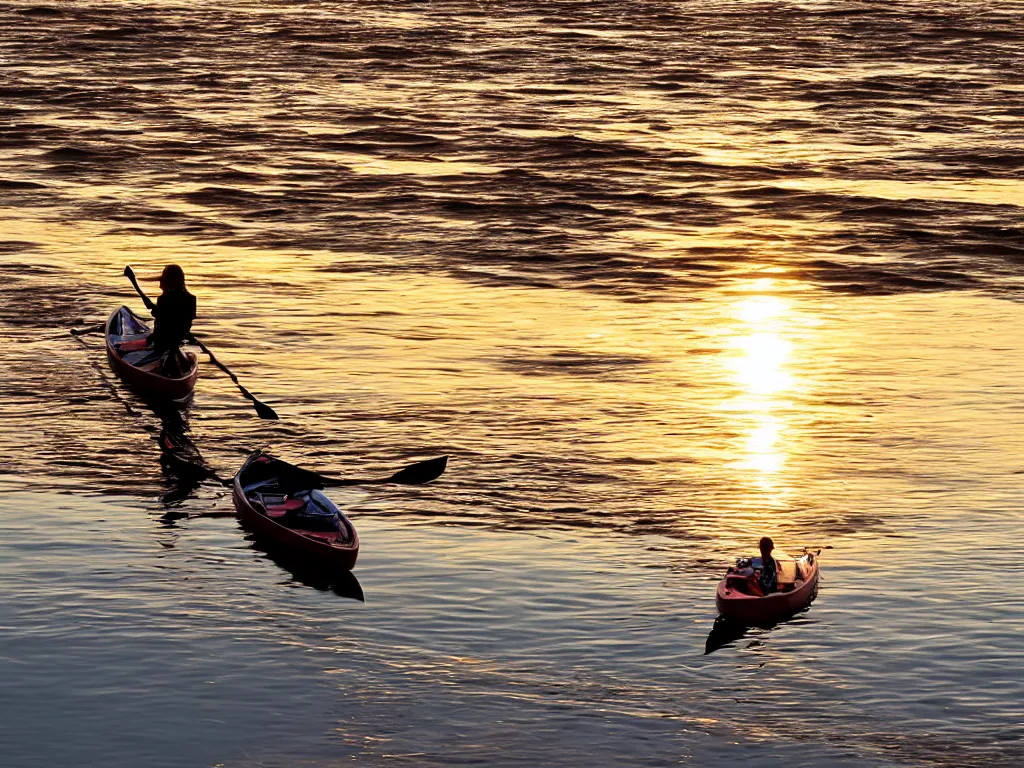 Image similar to a brown springer spaniel stood in a kayak, wearing a sea captains hat, sunrise, beautiful early morning light, golden hour, seaside