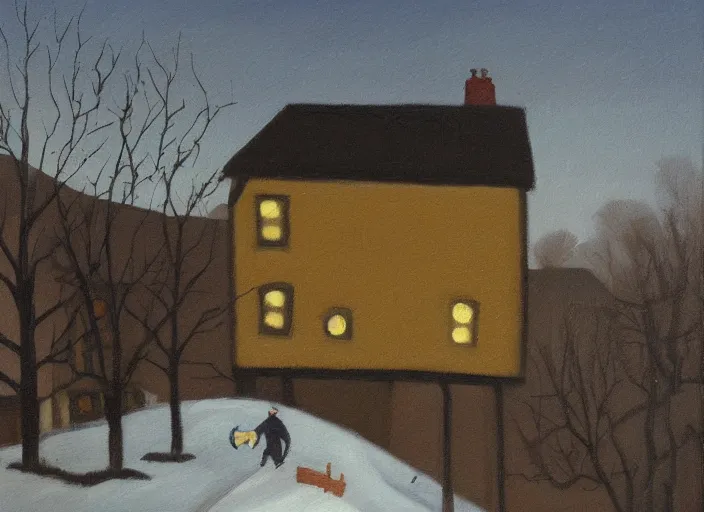 Image similar to painting depicting a man running away from a small house with one bright window. snowy. night. oil painting.