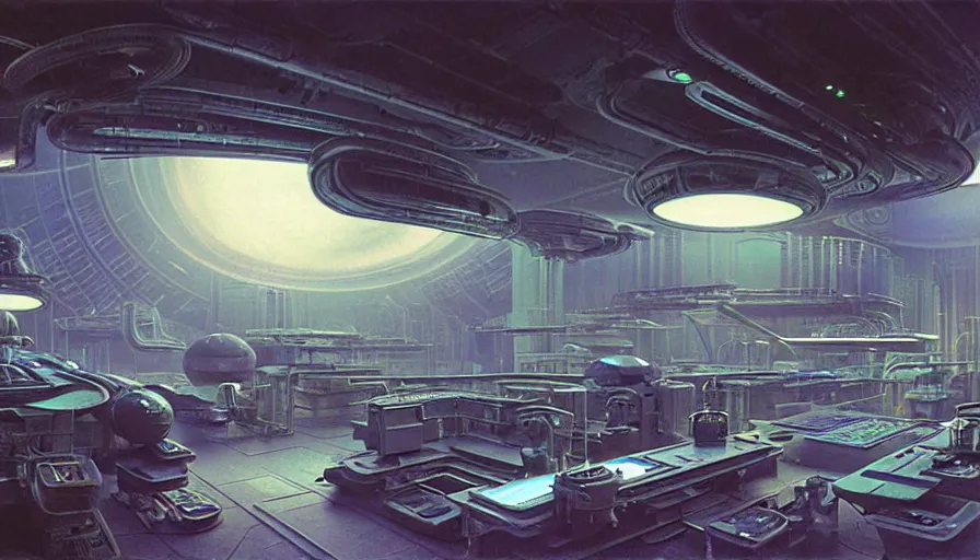 Prompt: highly detailed matte painting science fiction laboratory, biopods, futuristic, experiments, synthetic, medical equipment, research subjects. environment art by syd mead and h. r. giger and john berkley and john harris. concept art, dystopian grunge, retro futurism, beautiful volumetric - lighting - style atmosphere