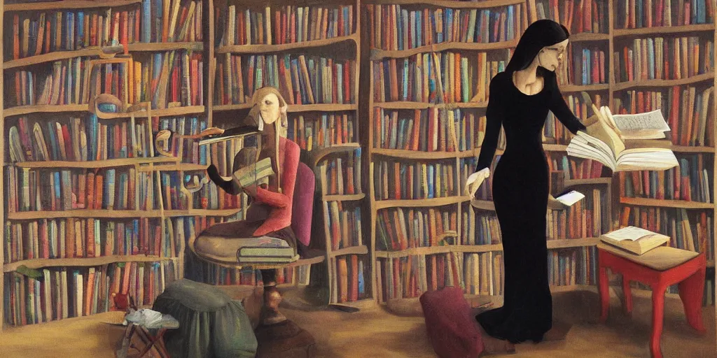 Image similar to surreal painting of a woman getting into a book