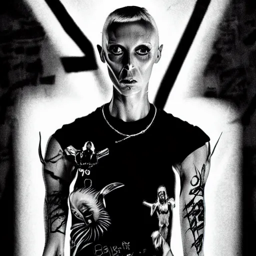 Prompt: die antwoord chappie portrait, back and white, zef design graffiti in the background, dark lighting, freaky, digital art