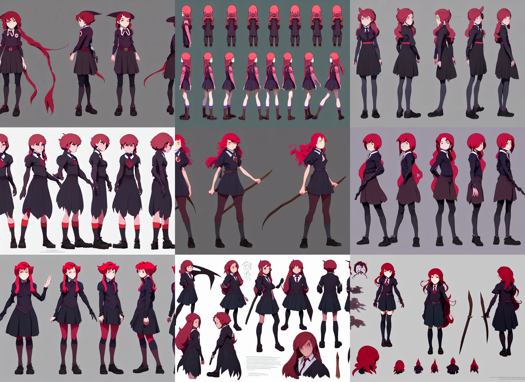 Prompt: character model sheet of female student witch by greg rutkowski, witch academia, magic school uniform, glowing red hair color, by studio ghibli and ross tran, digital art, trending on artstation, highly detailed, concept art, beautiful, masterpiece