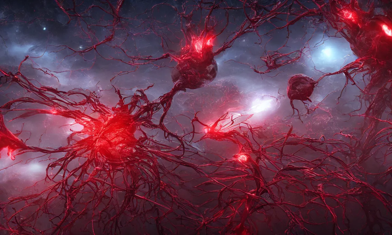 Image similar to A bloody red neurological network spanning across the galaxy,, realistic 4k octane beautifully detailed render, 4k post-processing, highly detailed, intricate complexity, epic composition, magical atmosphere, cinematic lighting, masterpiece, ultra hd