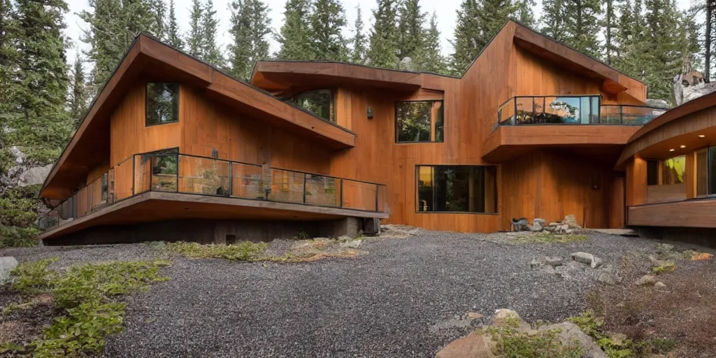 Image similar to large modern lodge type residence, cascadian, cedar and concrete, many large windows