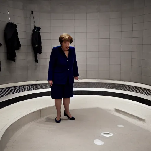 Prompt: angela merkel peeing at a urinal