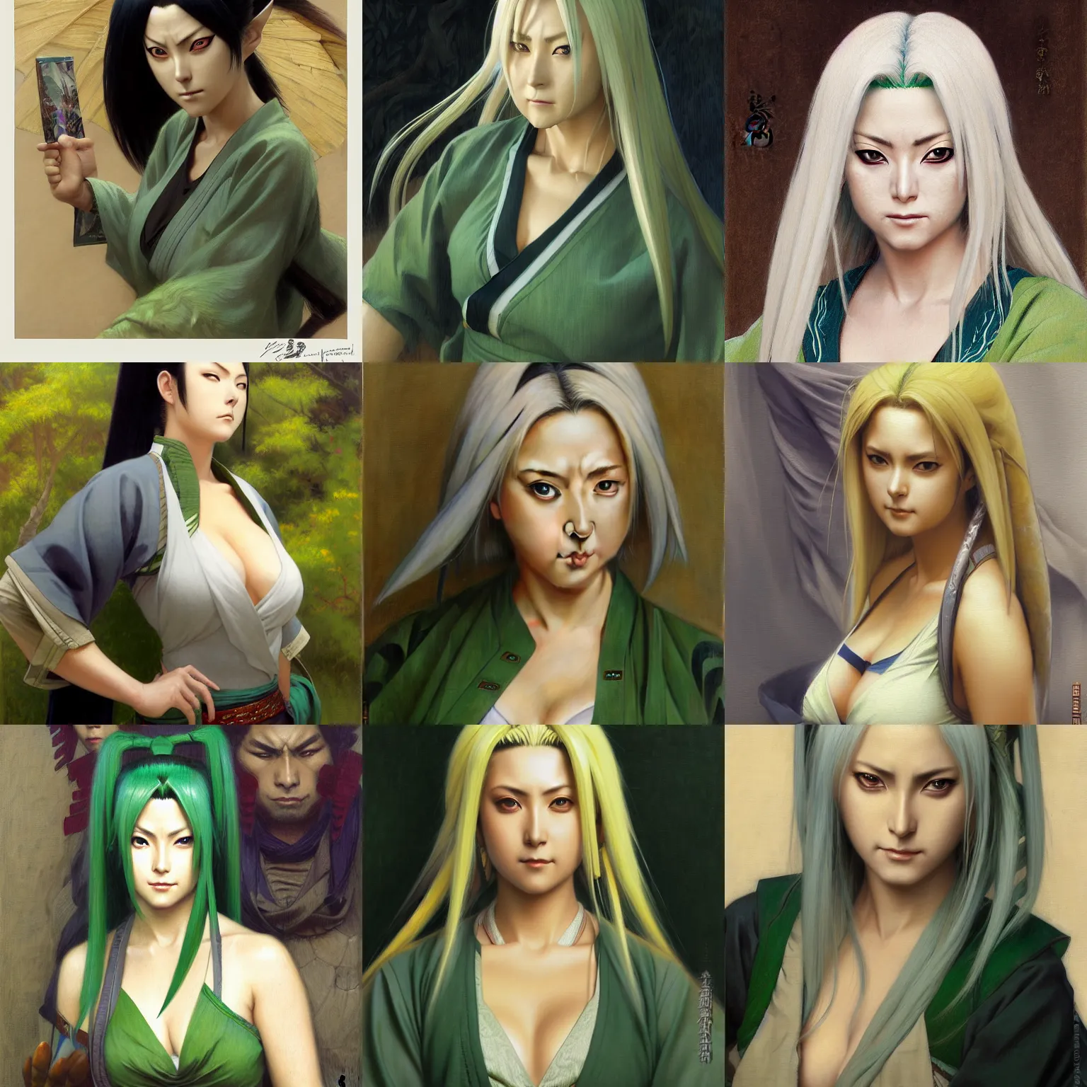 Prompt: tsunade from naruto, green haori, sleeveless grey blouse, highly detailed painting by gaston bussiere, craig mullins, j. c. leyendecker 8 k