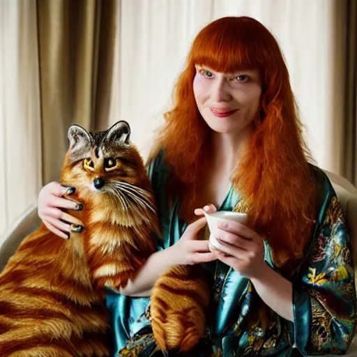 Prompt: a stunning hyper-detailed photo of one slender beautiful smiling woman with long ginger hair and bangs, wearing a luxurious silk robe, wearing headphones and posing with her large ginger tabby cat and her raccoon and parrots in an overstuffed easy chair in her sunlit victorian living room, holding a porcelain parrot-shaped coffee mug and a donut, perfect eyes, fashion photography, cinematic lighting, octane render, IBEX Masters, unreal engine, 85 mm lens