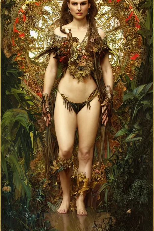 Image similar to natalie portman as queen of the jungle, full figure, painted by nekro, alphonse mucha, dark - fantasy, intricate detail, artstation, cgsociety, rococo, gold leaf art