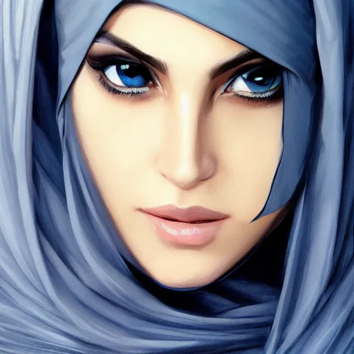 Prompt: dark ameera al taweel , blue eyes, elegant, white hijab, sharp focus, beautiful face, Hyper-realistic, Highly Detailed, HD, by Brom, by beeple, studio ghibli, wallpaper, highly detailed, trending on artstation