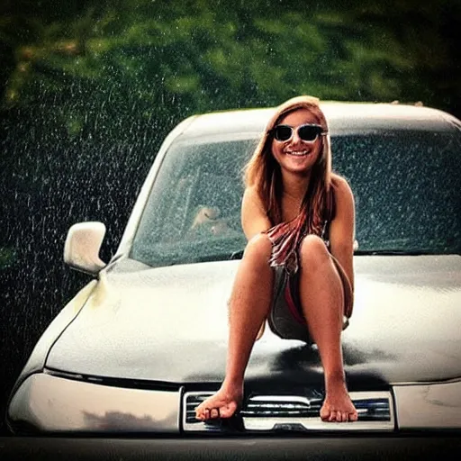 Image similar to “ barefoot girl sitting on the hood of a car drinking a beer in the summer rain ”