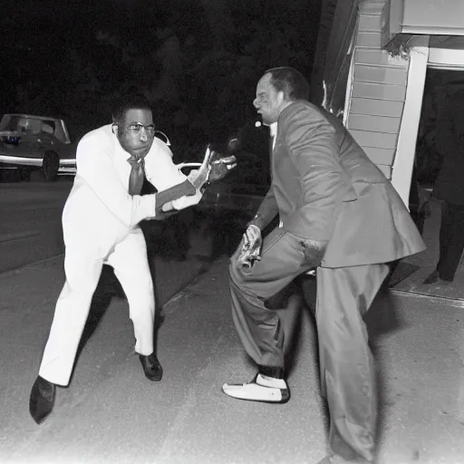 Image similar to Jamal and DeAngelo shooting up smack with Richard Nixon behind a 7/11, photo