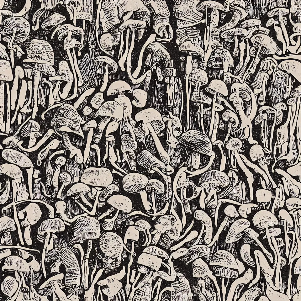 Prompt: a linocut engraving of hyeroglyphs made out of mushrooms