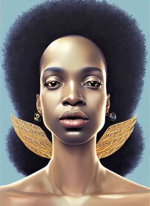 Image similar to portrait of young black woman with two stand twits, afro - futurist style, intricate, elegant gleaming jewelry, angelic halo, highly detailed, digital painting, artstation, concept art, smooth, sharp focus, illustration, art by wlop, mars ravelo and greg rutkowski