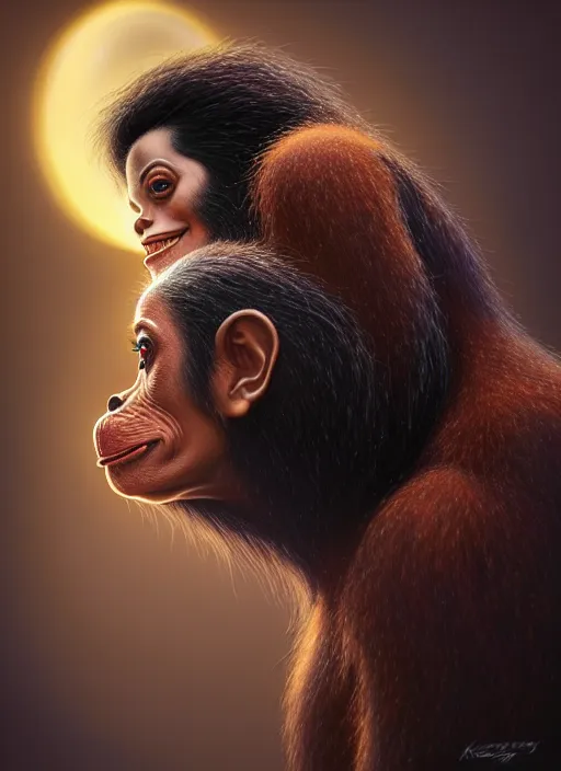 Prompt: portrait of michael jackson hugging bubbles the chimp, intricate, octane render, detailed, beautiful, brown skin, unreal engine, symmetrical, artstation, art by karol bak, art by artgerm, rossdraws, cinematic, concept art, filmic, vsco