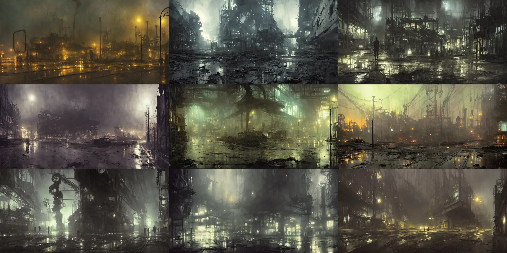 Prompt: abandoned industrial city at night, dark moody lighting, by jeremy mann and alphonse mucha, dramatic lighting, ethereal, stunning, breathtaking, awe - inspiring award - winning, 8 k