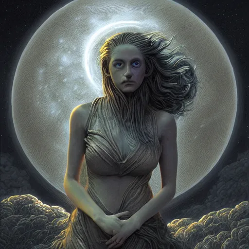 Image similar to photorealistic lunar goddess in the style of michael whelan and gustave dore. hyperdetailed photorealism, 1 0 8 megapixels, fully clothed, lunar themed attire, amazing depth, glowing rich colors, powerful imagery, psychedelic overtones, 3 d finalrender, 3 d shading, cinematic lighting, artstation concept art