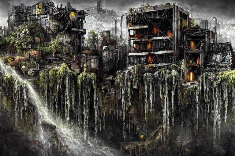 Prompt: gothic waterfall favela honeybee hive, brutalist environment, industrial factory, apocalyptic, somber, award winning art, epic dreamlike fantasy landscape, ultra realistic,