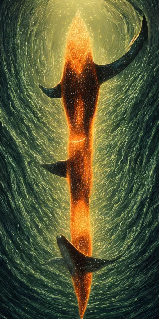 Prompt: A bioluminescent whale shark jumping out of a glowing tornado, lovecraft, coherent, symmetrical, intricate, high detail, digital painting, fantasy painting, visionary art, octane render, 4k, trending on artstation