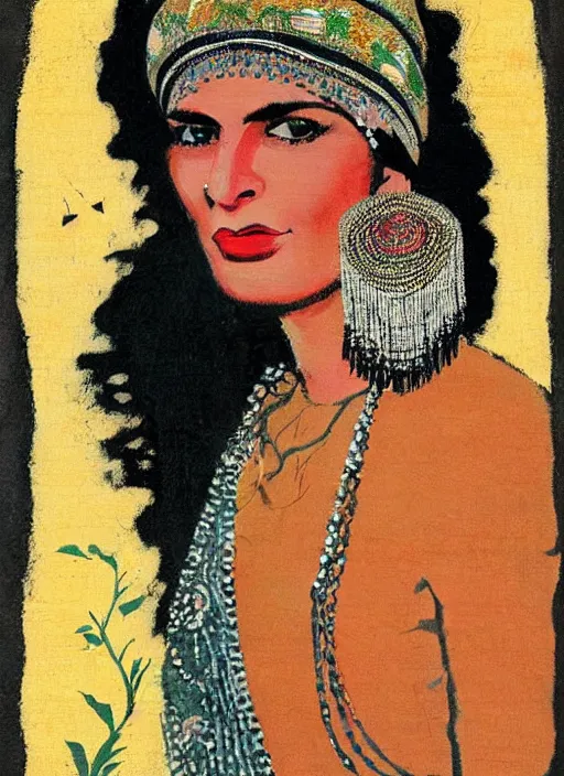 Image similar to an extreme close - up portrait of an ancient persian jewelry saleswoman in a scenic representation of mother nature and the meaning of life by billy childish, thick visible brush strokes, shadowy landscape painting in the background by beal gifford, vintage postcard illustration, minimalist cover art by mitchell hooks