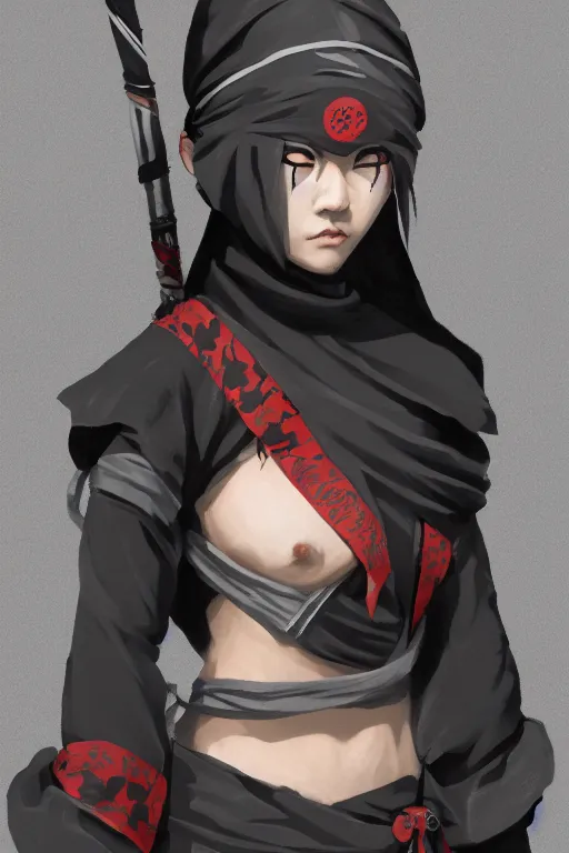 Image similar to native japanese young woman dressed like shinobi ninja, focused stare, partially masked, highly detailed, photobash, photorealistic render, trending on artstation, character design, cinematic lighting