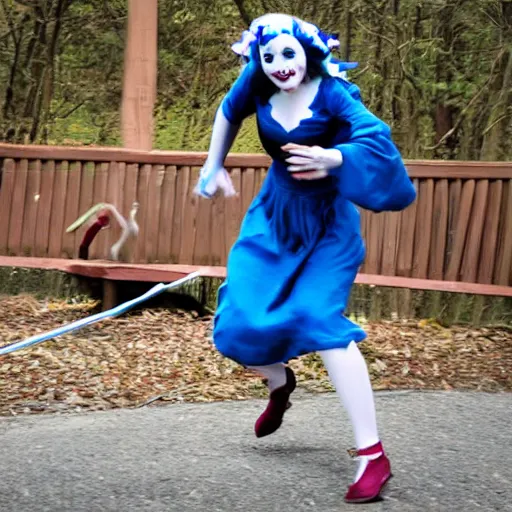 Prompt: photo of scary female jester chasing you