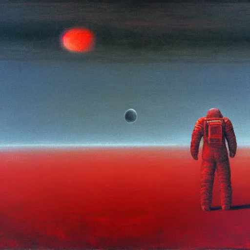 Prompt: long shot of among us red astronaut space ship in the background, amogus, art by zdzislav beksinski, high quality, dark hues, higly detailed, oil painting