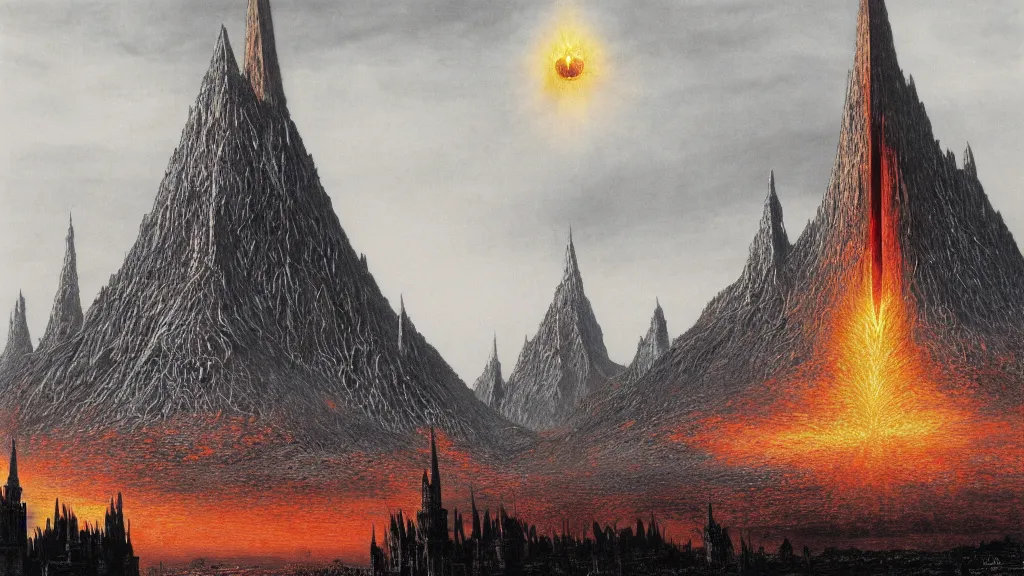 Prompt: mordor, flaming eye of sauron above the tower of darad - dur, by alan lee, intricate, lord of the rings calendar, smooth, detailed terrain, oil painting, trending artstation, concept art, matte painting