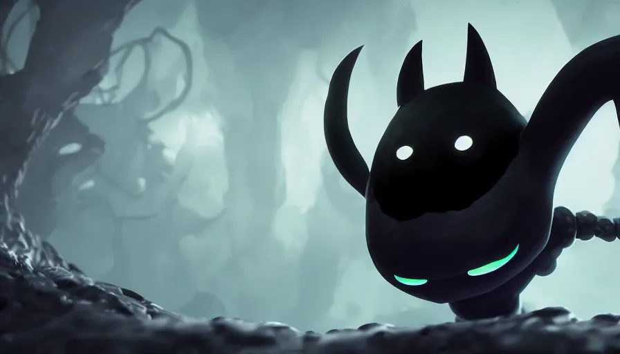 Image similar to a digital art portrait of black slime cat character design from hollow knight, cute liquid ink cat 4 k, ultra detail, volumetric lighting, unreal engine, octane render