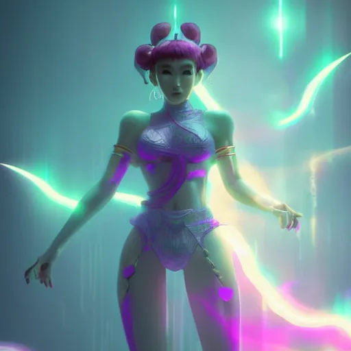 Image similar to long Shot of psychedelic Chun-Li standing in misty chromatic astral temple , stylish, lsd, soft, trending on artstation, cinematic, artwork by WLOP