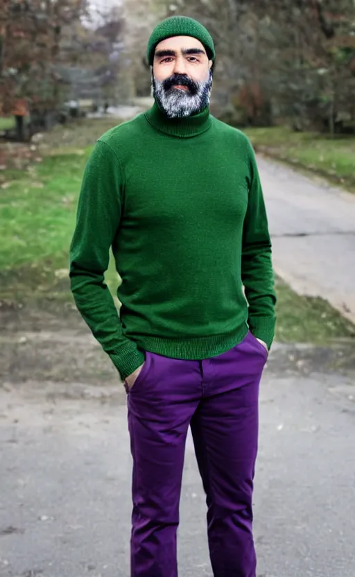 Prompt: a 2 4 years man with a chin - style dark brown beard without mustache in a black cap, green turtleneck, purple pants and white sneakers in full height, perfect face