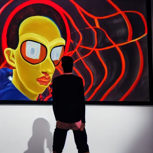 Prompt: art curator looking at a screen with a painting of virtualboy, recursive, on stage in the middle of a fashion show in the style of grand chamaco and stanley kubrick, inspired by y - 3, photorealistic, epic, super technical, cinematic still