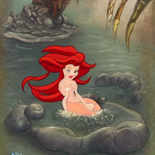 Image similar to Ariel the little mermaid, battle worn, fighting,