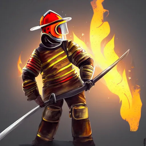 Image similar to A knight wearing a firefighter helmet and wielding a fire axe, highly detailed, digital art, sharp focus, trending on art station, flames, anime art style