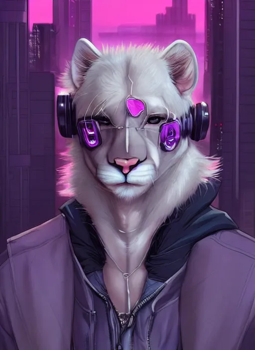 Prompt: award winning beautiful portrait commission of a male furry anthro albino mountain lion fursona with a tail and a cute beautiful attractive detailed furry face wearing stylish black, blue, and pink cyberpunk clothes in a cyberpunk city at night while it rains. Character design by charlie bowater, ross tran, artgerm, and makoto shinkai, detailed, inked, western comic book art