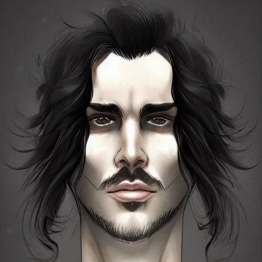 Image similar to A handsome man with a long white black Hair!!, portrait, digital art, trending on artstation, behance