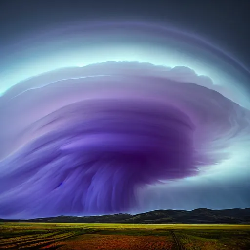 Image similar to amazing photo of purple clouds in the shape of a tornado by marc adamus, digital art, beautiful dramatic lighting